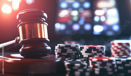 Judge's gavel over gambling chips. Casino law, blurred background