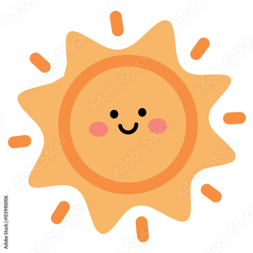 Adorable smiling sun icon with a round face and radiating rays. Warm and cheerful, perfect for weather apps, children’s content, summer graphics, or happy, sunny UI themes.