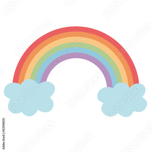 Colorful rainbow arching between two fluffy light-blue clouds. Cheerful and uplifting, perfect for weather forecasts, hope or diversity themes, children's content, or sky-themed designs.
