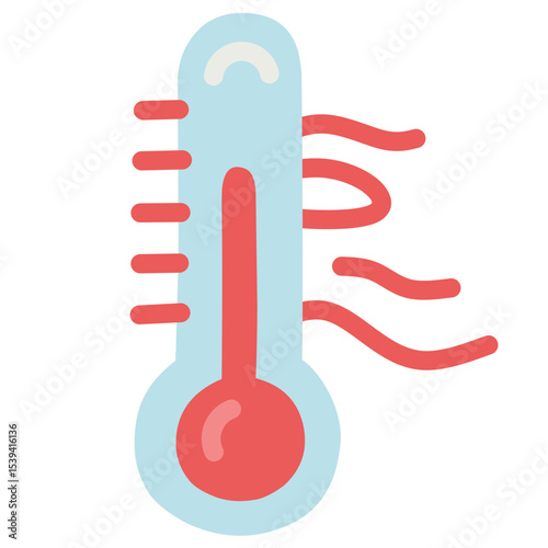Vibrant thermometer icon with rising red bulb and wavy heat lines. Ideal for high‑temperature alerts, heatwave warnings, summer climate visuals, or health‑related hot‑weather graphics.