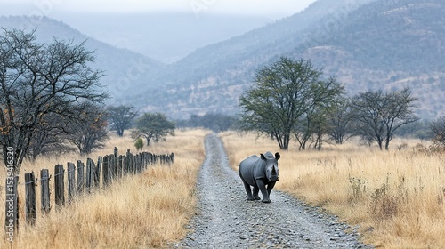 Black rhinoceros walks down a dirt road in a dry savanna landscape.