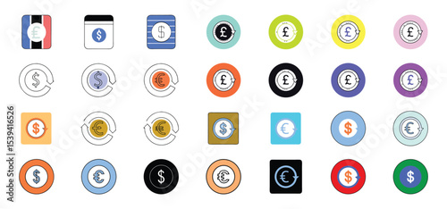 A collection of currency symbols including dollars euros and pounds with circular arrows representing financial exchange and international trading