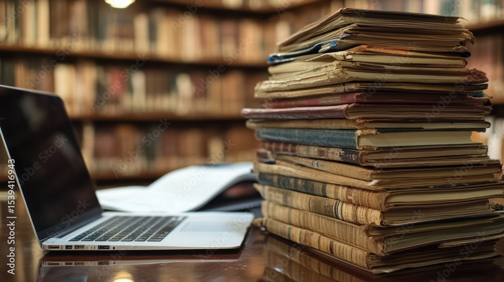 Fototapeta premium Stack of vintage books on a library desk