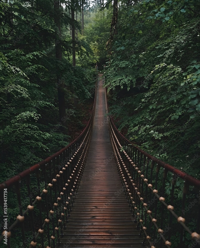 Fototapeta premium wooden bridge in the forest surrounded by green tall trees