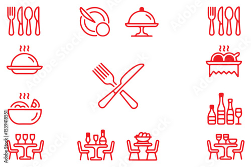 Restaurant Food icon set, sign and symbol, Fork, spoon, knife, plate, chef hat, and cloche or tray icon Vector illustration.