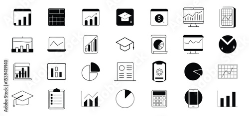 Collection of business and financial icons representing data analysis charts and statistics in a minimalist style