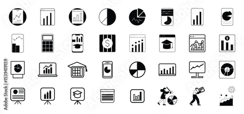 A diverse collection of business analytics and financial data visualization icons in black and white monochrome style