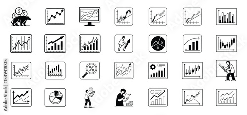 A collection of simple and clean black and white vector icons depicting financial charts and stock market analyses for business and investing