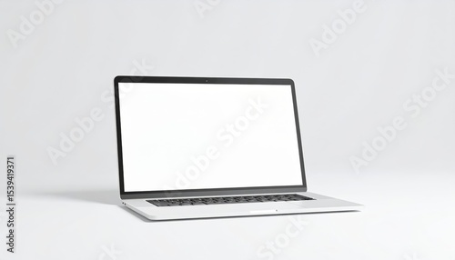 Minimalist laptop displaying a blank screen for custom branding or text in a modern office environment
