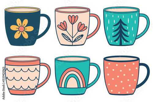 Colorful and decorated hand drawn coffee mugs on white background