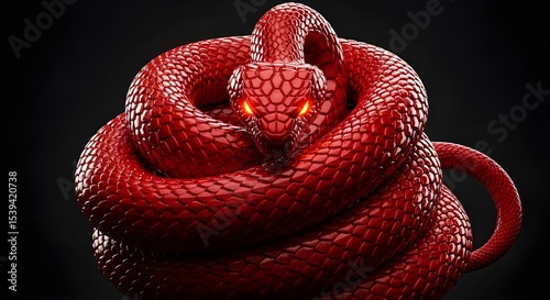 Blue Scaled Serpent in Tight Coil with Fiery Red Eyes – Macro Concept