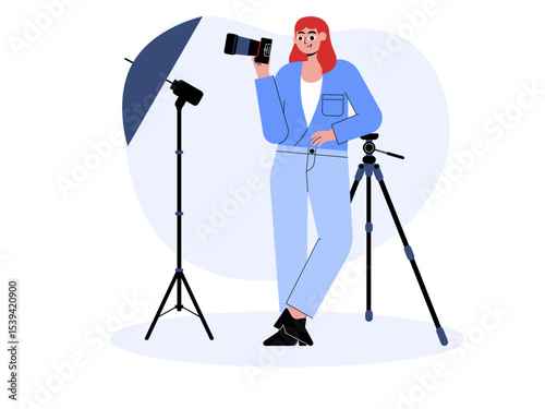 Photographer posing holding camera and leaning on her tripod. Professional photographer illustration. Cameraman concept. Flat vector illustration.