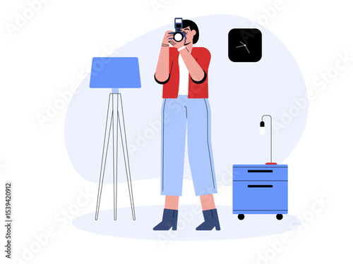 Female photographer poses while shooting with a modern camera. Professional photographer illustration. Cameraman concept. Flat vector illustration.