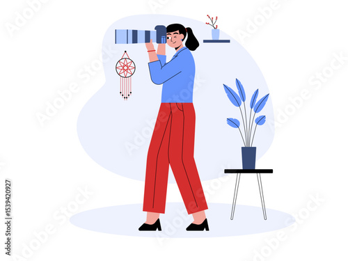 Female photographer photographing objects indoors. Professional photographer illustration. Cameraman concept. Flat vector illustration.