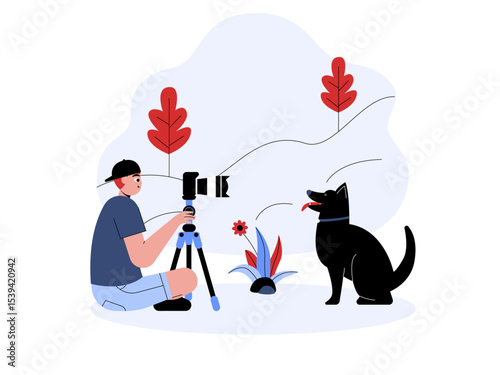 Photographer's photo shoot of a dog outdoors. Professional photographer illustration. Cameraman concept. Flat vector illustration.