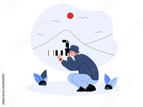 Photographer goes on an adventure to photograph outdoor objects. Professional photographer illustration. Cameraman concept. Flat vector illustration.