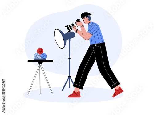 Photographer photographing objects on a table in his studio. Professional photographer illustration. Cameraman concept. Flat vector illustration.