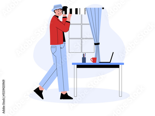 Photographer shoots using a professional camera for good photo results. Professional photographer illustration. Cameraman concept. Flat vector illustration.
