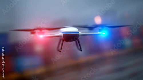 Drone in Action: A police drone, equipped with flashing red and blue lights, soars through the air, exemplifying technology's role in maintaining security.