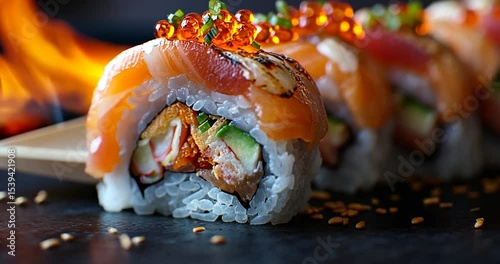 Close-up view of a delicious sushi roll, garnished with orange fish eggs and green onions, set against a dark background with a warm flame visible in the periphery