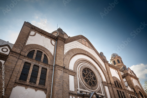 Low angle exterior of the early twentieth century synagogue, the novi sad synagogue, or novosadska sinagoga, in serbia,an art nouveau landmark, symbolising Jewish heritage.