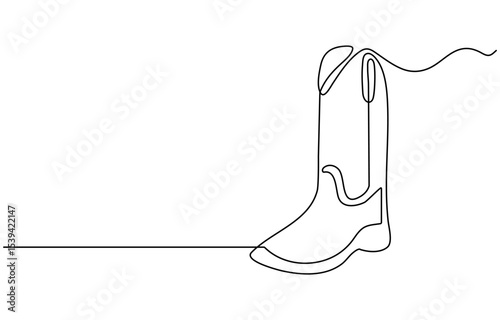 continuous line cowboy hat and boots, One continuous single drawing line art flat doodle boot, shoe, cowboy, leather, western, fashion, cossack, foot, ranch. Isolated image hand draw contour.
