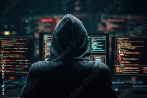 Hooded Figure in Dark Room Engaged in Cyber Activities at Night