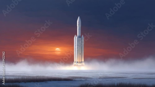 Rocket Ascent: A majestic rocket, poised against a backdrop of an awe-inspiring sunset sky, is captured in a moment of powerful ascent, leaving trails of smoke and fire.
