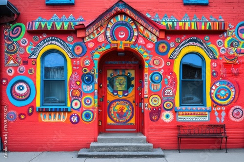 Vibrant, colorful mural adorns a red building facade, featuring stylized patterns, circles, and windows