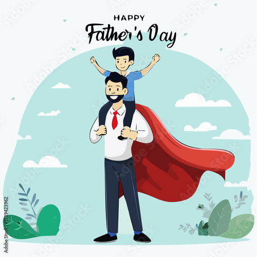 Illustration of a father carrying his son on his shoulders for Happy Father's Day