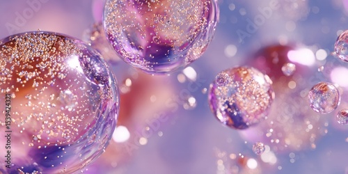 A close up shot of several translucent spheres with tiny particles inside floating on a blurred background