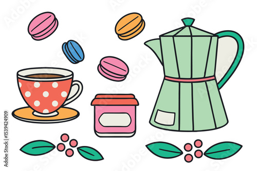 Cute coffee break illustration with macarons and italian coffee maker