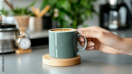 Woman holding coffee mug on wooden coaster in kitchen setting