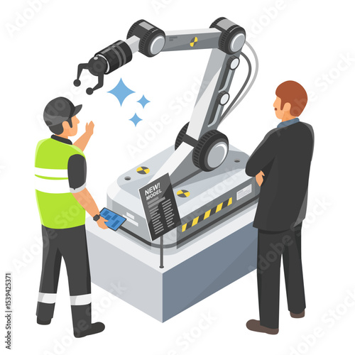 SME Medium scale factory manager discusses implementation of new robotic arm automation system with technician for improved industrial productivity