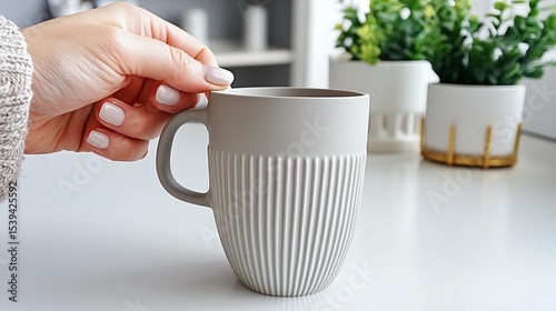 Womans hand holding gray textured mug houseplants white surface