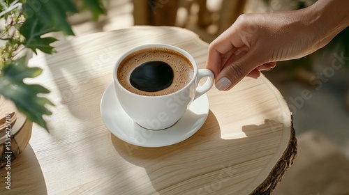 Womans hand reaching for steaming cup of coffee on rustic wooden table outdoors