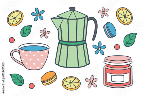 Cute hand drawn coffee pot cup lemon macarons and flowers illustration