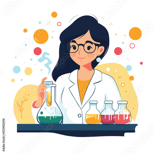 Young beautiful woman chemist with flasks with liquid in hand