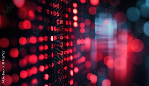 Close-up of a screen displaying a lot of data, numbers and symbols, with red and blue highlights