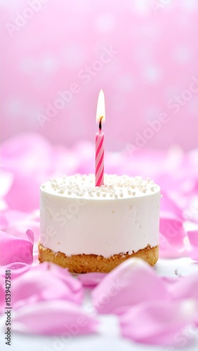 Birthday cake with single candle, and pink petals.