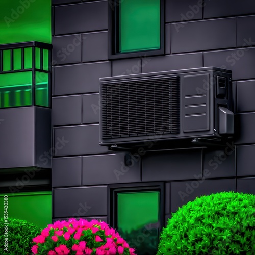 Modern apartment building exterior with air conditioner