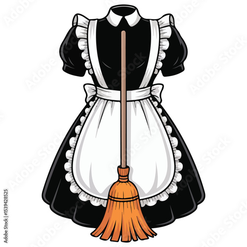 set of maids dress and broom in cartoon style isolated vector illustration