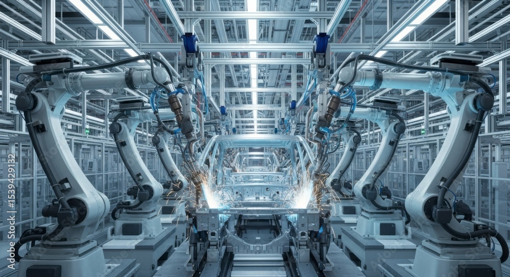 Obraz premium Automated Manufacturing Process Factory Floor Industrial Technology Modern Environment Wide-Angle View Innovative Robotics