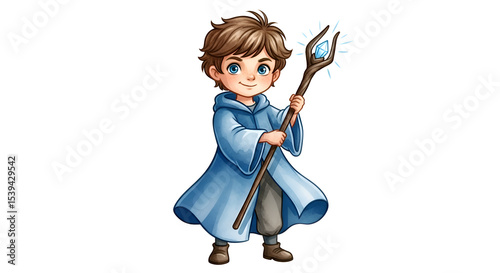 Centered of adorable boy wizard in a blue robe holding a magic staff, clean white background, watercolor style