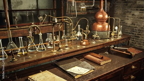 Vintage laboratory scene showcasing glassware, copper apparatus, and aged books on a wooden table