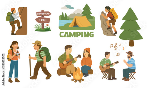 Camping activities vector. Family and friends with outdoor recreation. Flat vector in cartoon style isolated on white background.