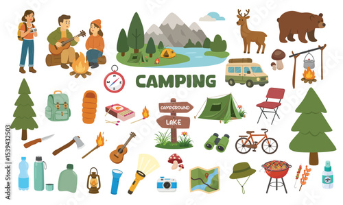 Camping vector set. Clipart of camping elements with landscape, campsite, equipment, people. Flat vector in cartoon style isolated on white background.