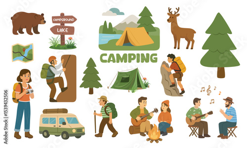 Camping vector set. Clipart of camping elements with landscape, campsite, equipment, people. Flat vector in cartoon style isolated on white background.