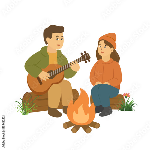Couples are singing and playing guitar near campfire on camping holiday. Outdoor activity. Relax and have fun together. Flat vector in cartoon style.