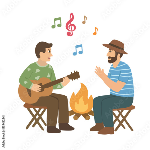 Friends are singing and playing guitar near campfire on camping holiday. Outdoor activity. Relax and have fun together. Flat vector in cartoon style.